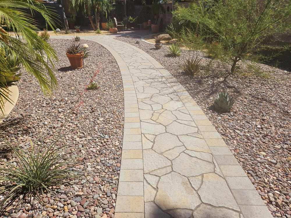 Curved garden walkway with drought-tolerant planting in Del Mar