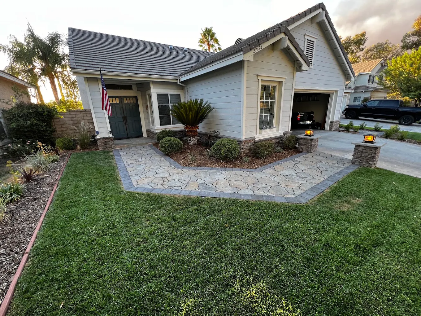 Bordered Front Walk & Lantern Posts in Bonsall, San Diego